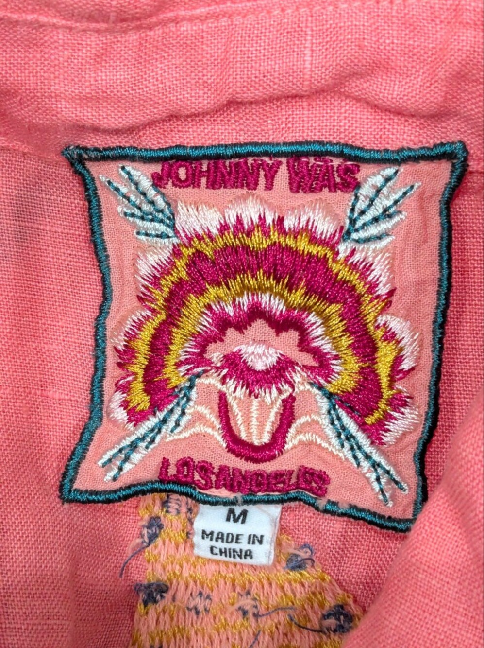 Johnny Was Ruth Lisbon Embroidered Linen Blouse Coral Pink Button Top Size M - Picture 4 of 7